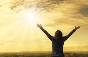 woman, sky, sunlight, arms, open arms, sunbeams, sunrays, clouds, worship, freedom, happiness, relieved, prayer, praise, nature, success, joy